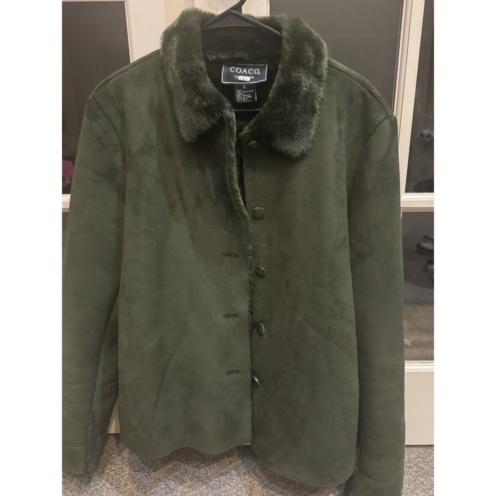 COACO New York Dark‎ Green Suede Faux Fur Lined Jacket Size L Large